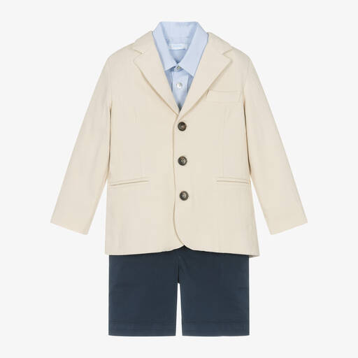 Foque-Boys Beige & Navy Blue Cotton Shorts Suit | Childrensalon Outlet