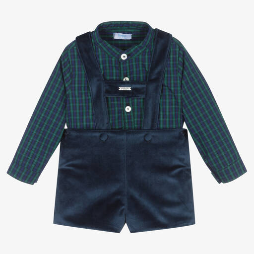 Foque-Boys Blue Check Dungaree Shorts Set | Childrensalon Outlet