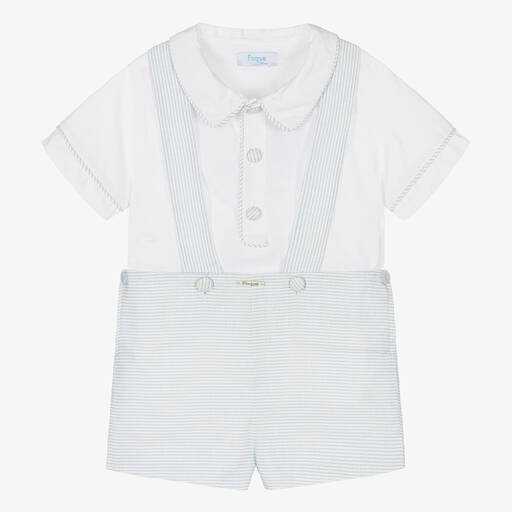 Foque-طقم شورت قطن وكتان لون أبيض وأزرق للأولاد | Childrensalon Outlet