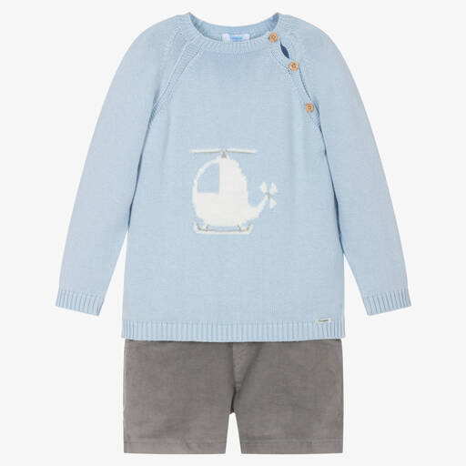 Foque-Baumwoll-Top & Shorts Set Blau/Grau | Childrensalon Outlet