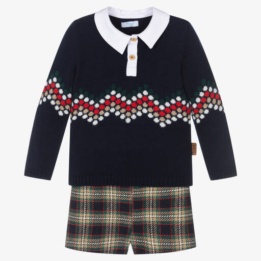 Foque-Boys Blue Tartan Knit Shorts Set | Childrensalon Outlet
