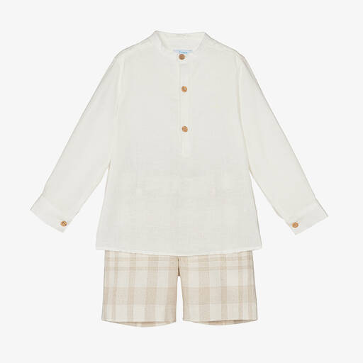 Foque-Кремовая рубашка и бежевые шорты из льна в клетку | Childrensalon Outlet