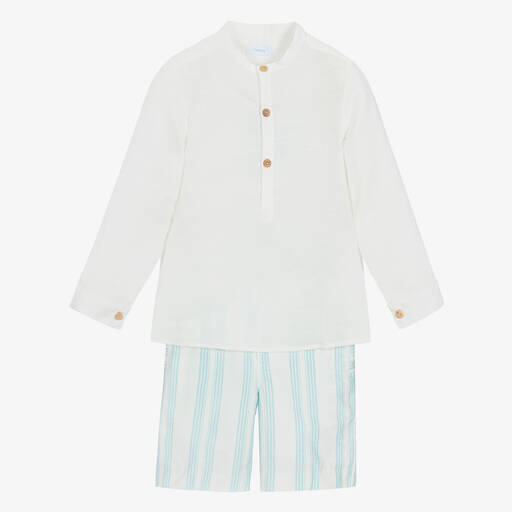 Foque-Boys Ivory & Blue Striped Cotton Shorts Set | Childrensalon Outlet