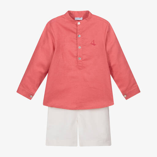 Foque-طقم شورت وقميص مزيج قطن وكتّان لون أحمر وعاجي | Childrensalon Outlet