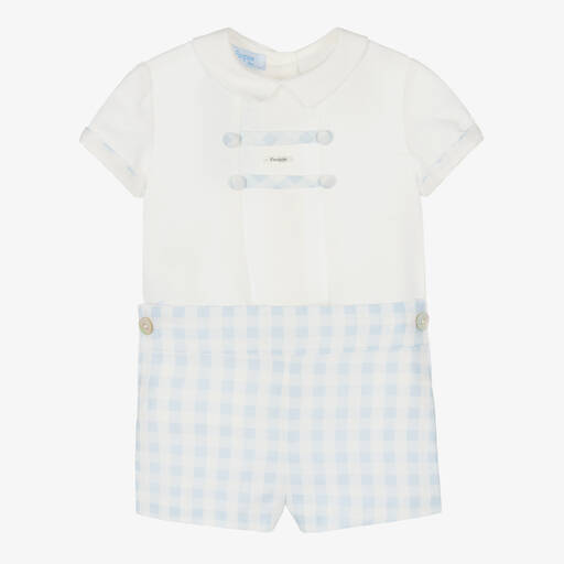 Foque-طقم شورت قطن وكتان كاروهات لون أبيض وأزرق للأولاد | Childrensalon Outlet