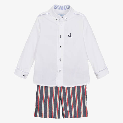 Foque-Boys White & Navy Blue Striped Cotton Shorts Set | Childrensalon Outlet