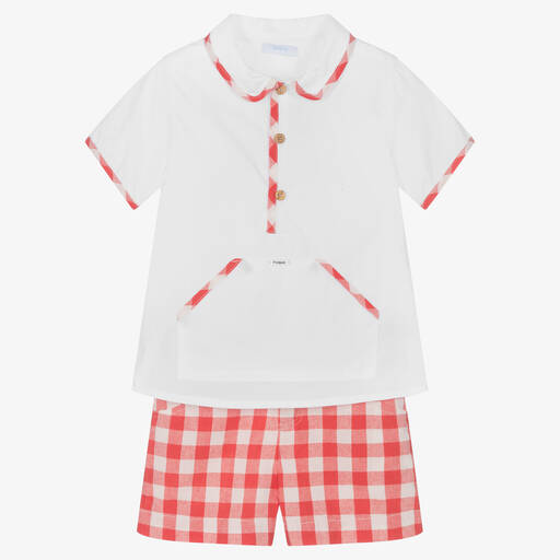 Foque-Boys White & Red Gingham Shorts Set | Childrensalon Outlet