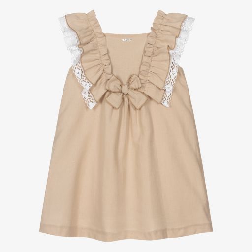 Foque-Girls Beige Linen Ruffle Dress | Childrensalon Outlet