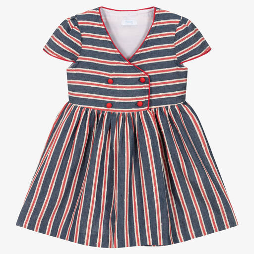 Foque-Girls Blue & Red Cotton Striped Dress | Childrensalon Outlet