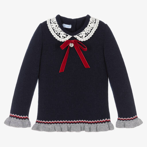 Foque-Girls Blue Wool & Ivory Lace Trim Jumper | Childrensalon Outlet