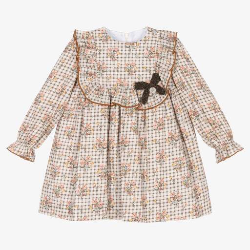 Foque-Girls Brown Check & Floral Cotton Dress | Childrensalon Outlet