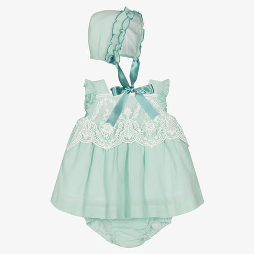 Foque-Girls Green Cotton Dress Set | Childrensalon Outlet