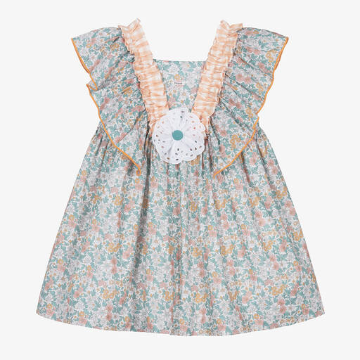 Foque-Girls Green Floral Cotton & Linen Dress | Childrensalon Outlet