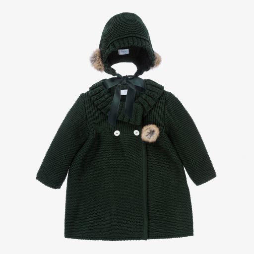 Foque-معطف وقبعة أطفال بناتي أكريليك محبوك لون أخضر  | Childrensalon Outlet