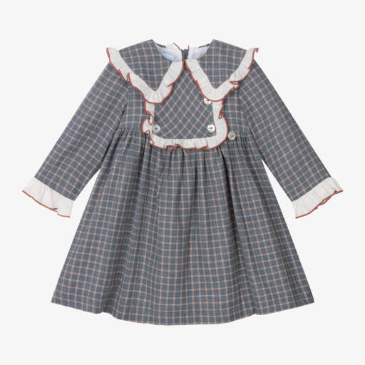 Foque-Girls Grey-Blue Checked Flannel Dress | Childrensalon Outlet