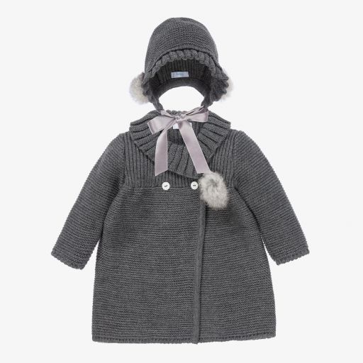 Foque-Girls Grey Knit Coat & Hat  | Childrensalon Outlet