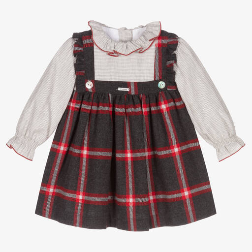Foque-فستان أطفال بناتي قطن وصوف كاروهات لون رمادي وأحمر | Childrensalon Outlet