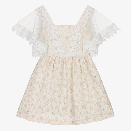 Foque-Girls Ivory & Beige Floral Lace Dress | Childrensalon Outlet