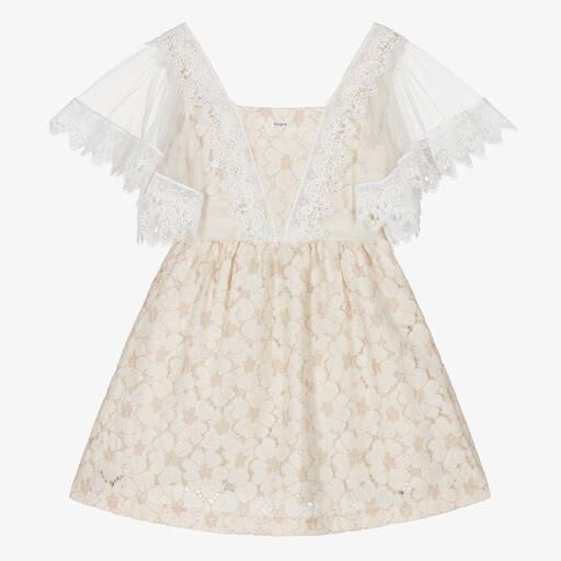 Foque-Girls Ivory & Beige Floral Lace Dress | Childrensalon Outlet