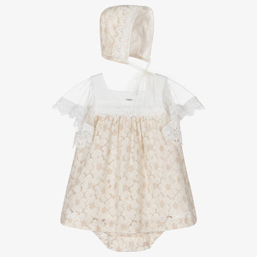 Foque-Girls Ivory & Beige Floral Lace Dress Set | Childrensalon Outlet