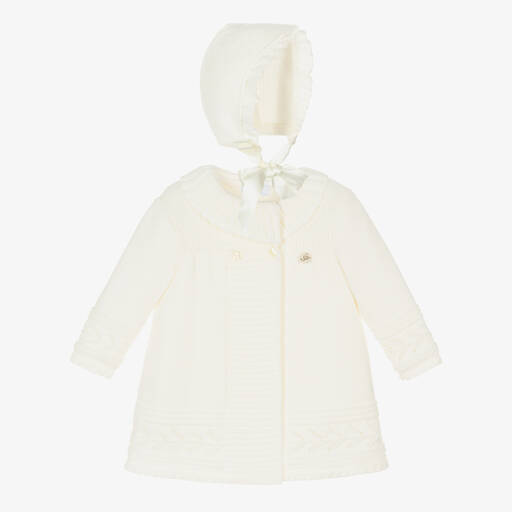 Foque-Girls Ivory Knitted Coat & Bonnet Set | Childrensalon Outlet