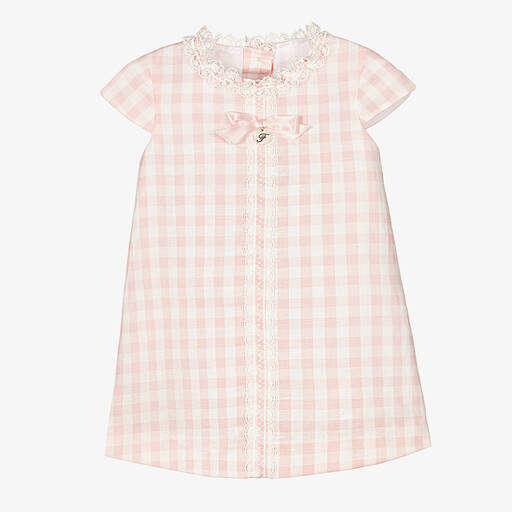 Foque-Girls Pink Check Linen & Cotton Dress | Childrensalon Outlet