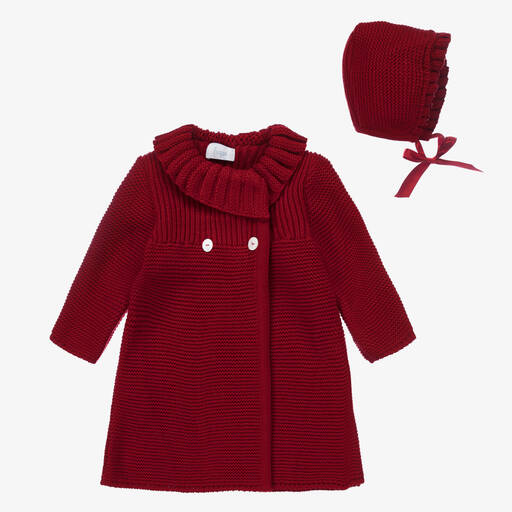 Foque-Girls Red Knitted Coat & Hat Set | Childrensalon Outlet
