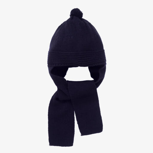 Foque-Navy Blue Knitted Pom-Pom Hat With Attached Scarf | Childrensalon Outlet