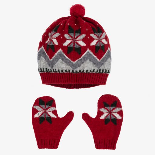 Foque-Red & Grey Knitted Hat Set | Childrensalon Outlet