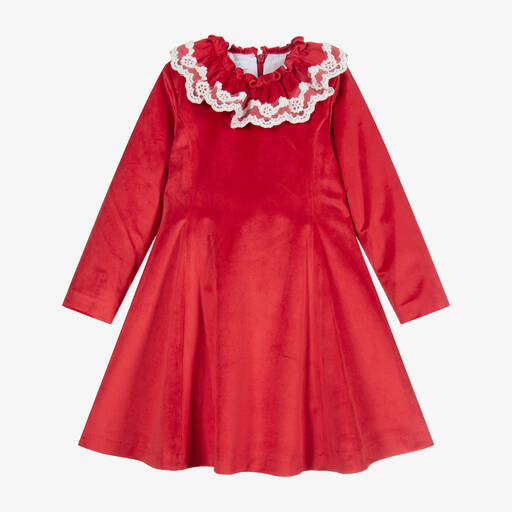 Foque-Красное бархатное платье с кружевной отделкой | Childrensalon Outlet
