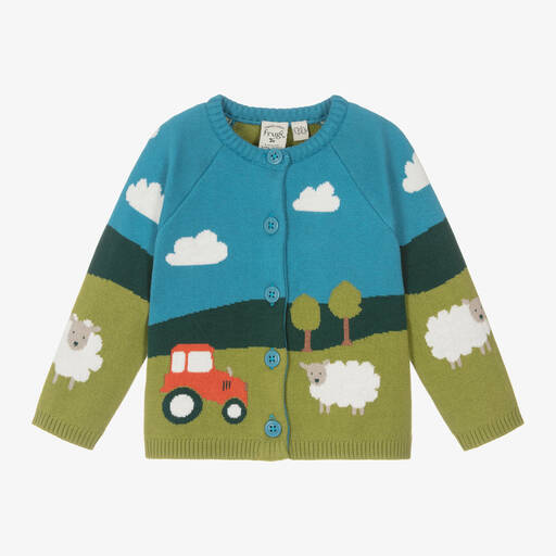 Frugi-Зелено-голубой кардиган из органического хлопка с фермой | Childrensalon Outlet