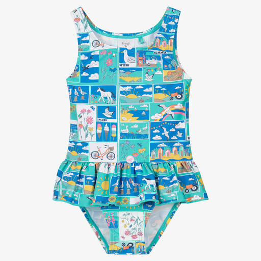 Frugi-Girls Blue Postcard Swimsuit (UPF50+) | Childrensalon Outlet
