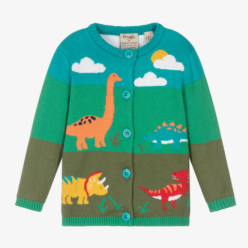 Frugi-Green Organic Cotton Knit Dinosaur Cardigan | Childrensalon Outlet