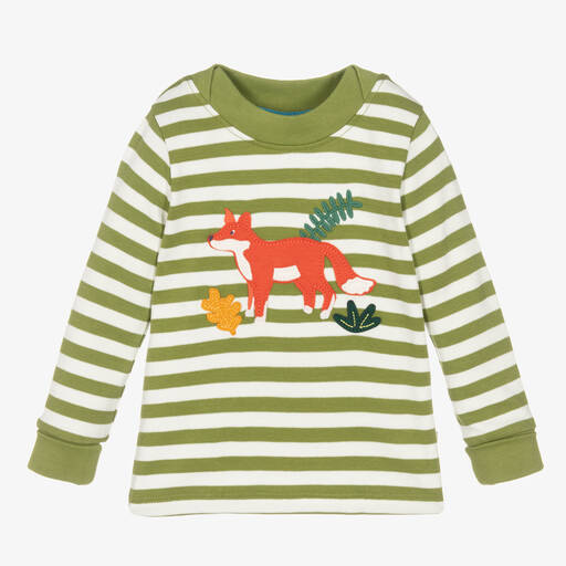 Frugi-Хлопковый топ в бело-зеленую полоску с лисой | Childrensalon Outlet