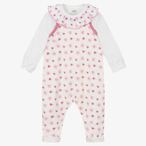 FS Baby-Baby Girls White & Pink Floral Dungaree Set | Childrensalon Outlet