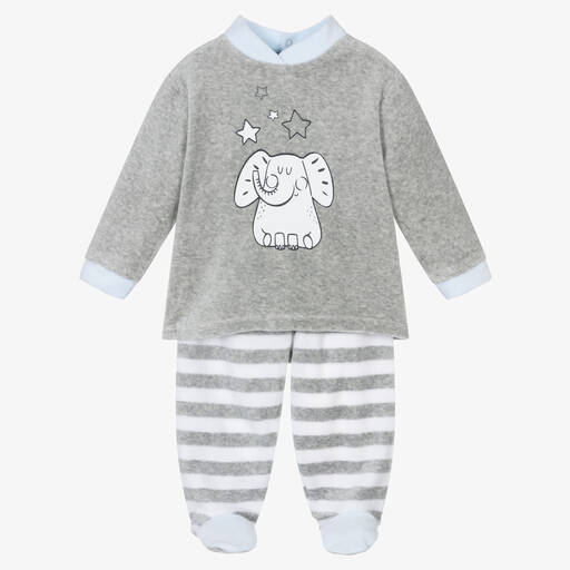 FS Baby-Boys Grey Velour Elephant 2 Piece Babygrow | Childrensalon Outlet