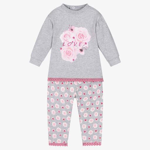 FS Baby-Girls Grey & Pink Floral Trouser Set | Childrensalon Outlet