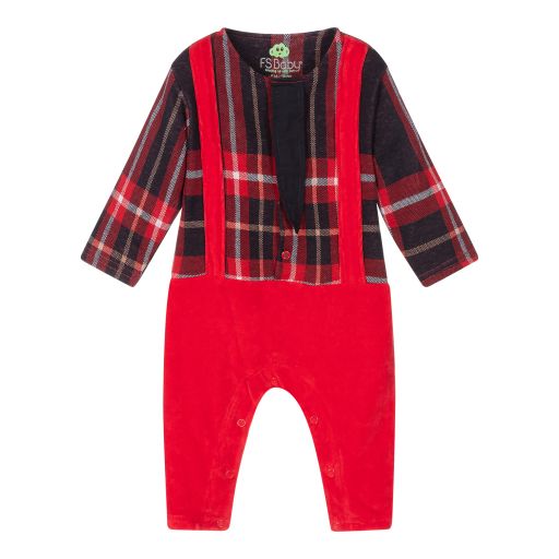 FS Baby-Red Tartan & Velour Romper | Childrensalon Outlet