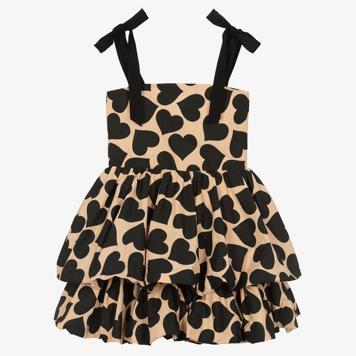 Fun & Fun-Girls Beige & Black Heart Print Cotton Dress | Childrensalon Outlet