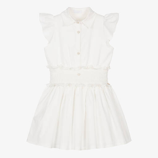 Fun & Fun-Girls White Cotton Ruched Waist Dress | Childrensalon Outlet