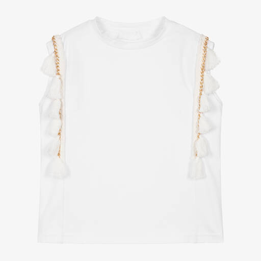 Fun & Fun-Girls White Cotton Tassle T-Shirt | Childrensalon Outlet