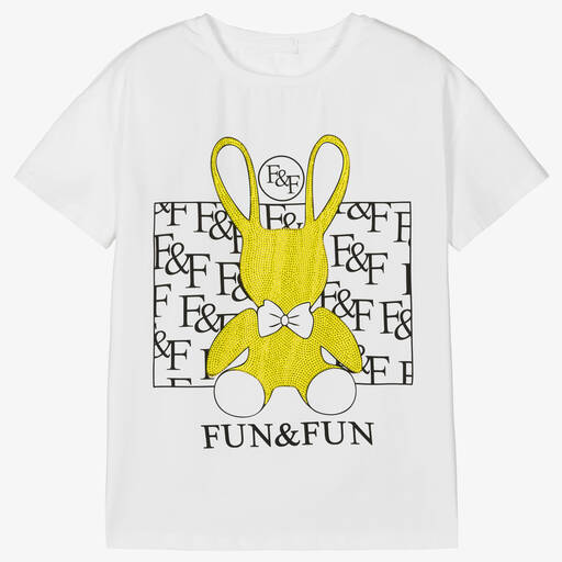 Fun & Fun-تيشيرت قطن جيرسي لون أبيض وأصفر للبنات | Childrensalon Outlet