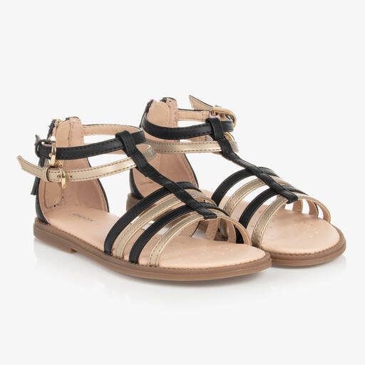 Geox-Girls Black & Gold Faux Leather Sandals  | Childrensalon Outlet
