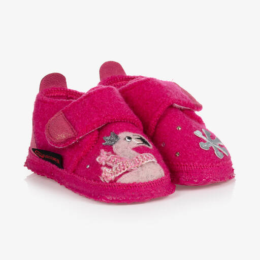 Giesswein-Girls Pink Wool Velcro Slippers | Childrensalon Outlet