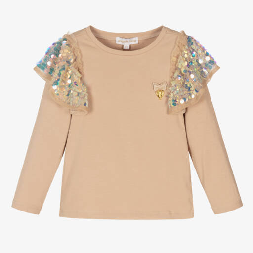 Angel's Face-Girls Beige Cotton Sequin Top | Childrensalon Outlet