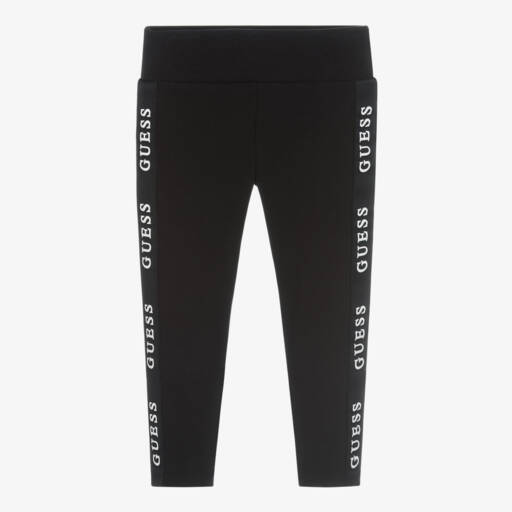Guess-Girls Black Cotton Leggings with Logo Tape | Childrensalon Outlet
