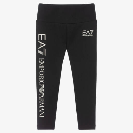 EA7 Emporio Armani-Girls Black Cotton Leggings with Silver Logo | Childrensalon Outlet