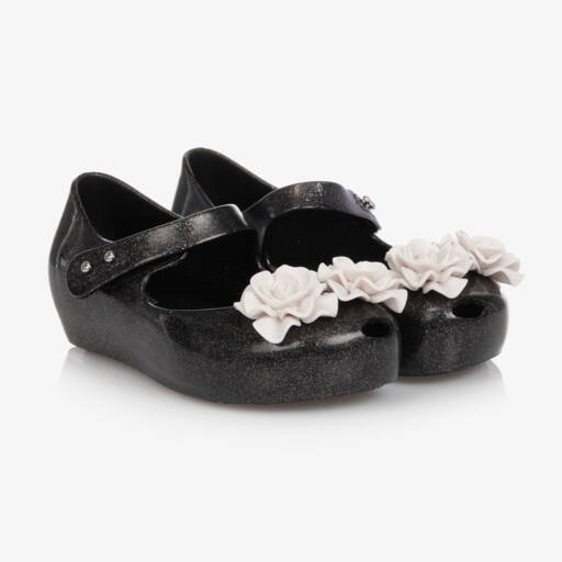 Mini Melissa-Girls Black Flower Jelly Shoes | Childrensalon Outlet