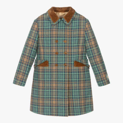 Gucci-Girls Blue & Brown Wool Check Coat  | Childrensalon Outlet