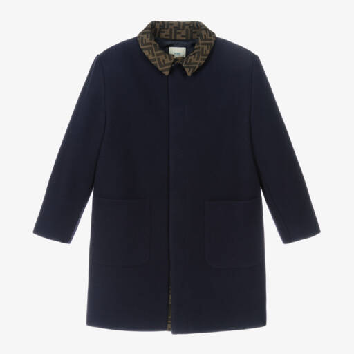 Fendi-Girls Navy Blue FF Logo Wool Coat | Childrensalon Outlet